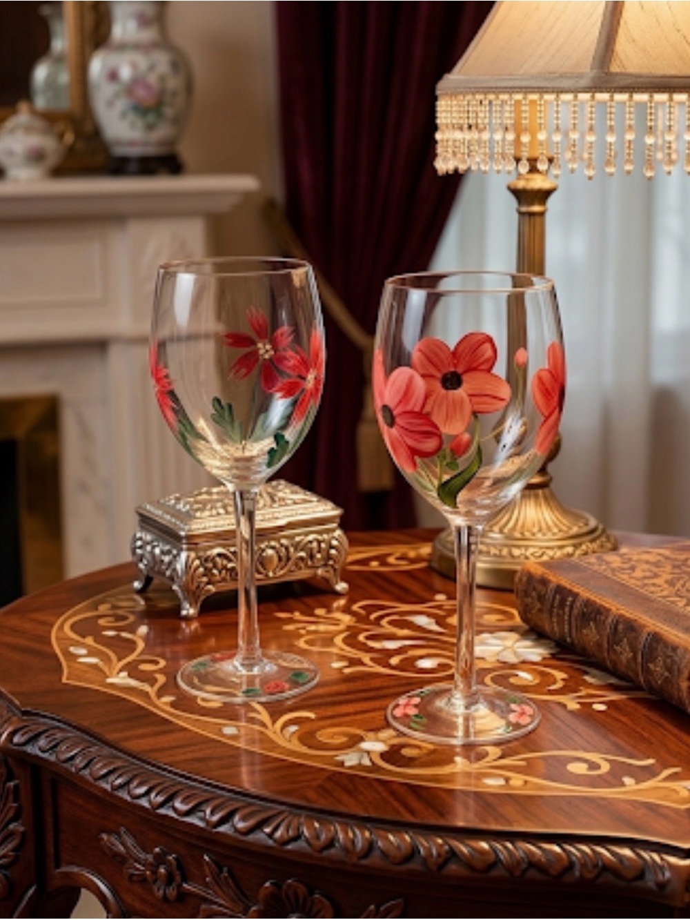 Hand-Painted Floral Wine Glasses - Set of 2